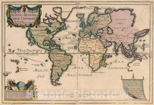 Historic Map : Mappe-Monde ou Carte Universelle., 1714, Vintage Wall Art
