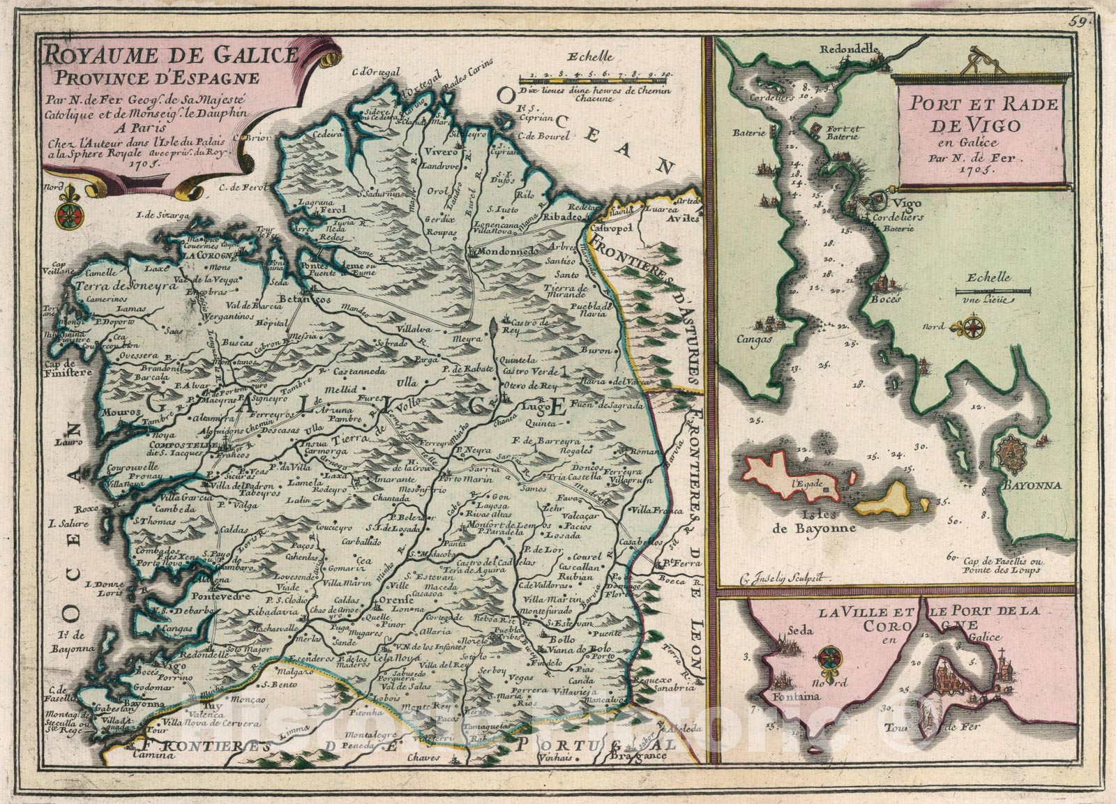 Historic Map : Royaume de Galice, Province d'Espagne., 1705, Vintage Wall Art