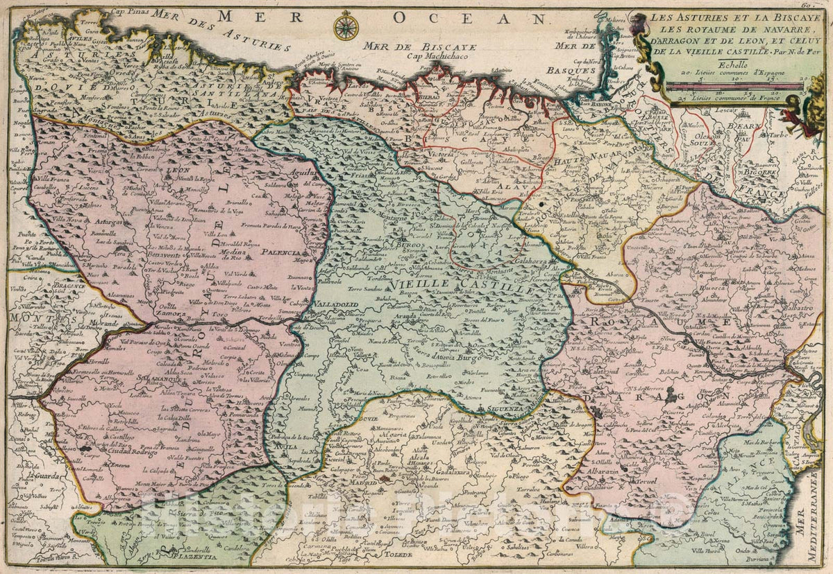 Historic Map - Les Asturies Et La Biscaye Les Royaume De Navarre, D'Arragon/Map of Northern Spain, including Asturia, Biscaya and contigous Regions, 1705 - Vintage Wall Art