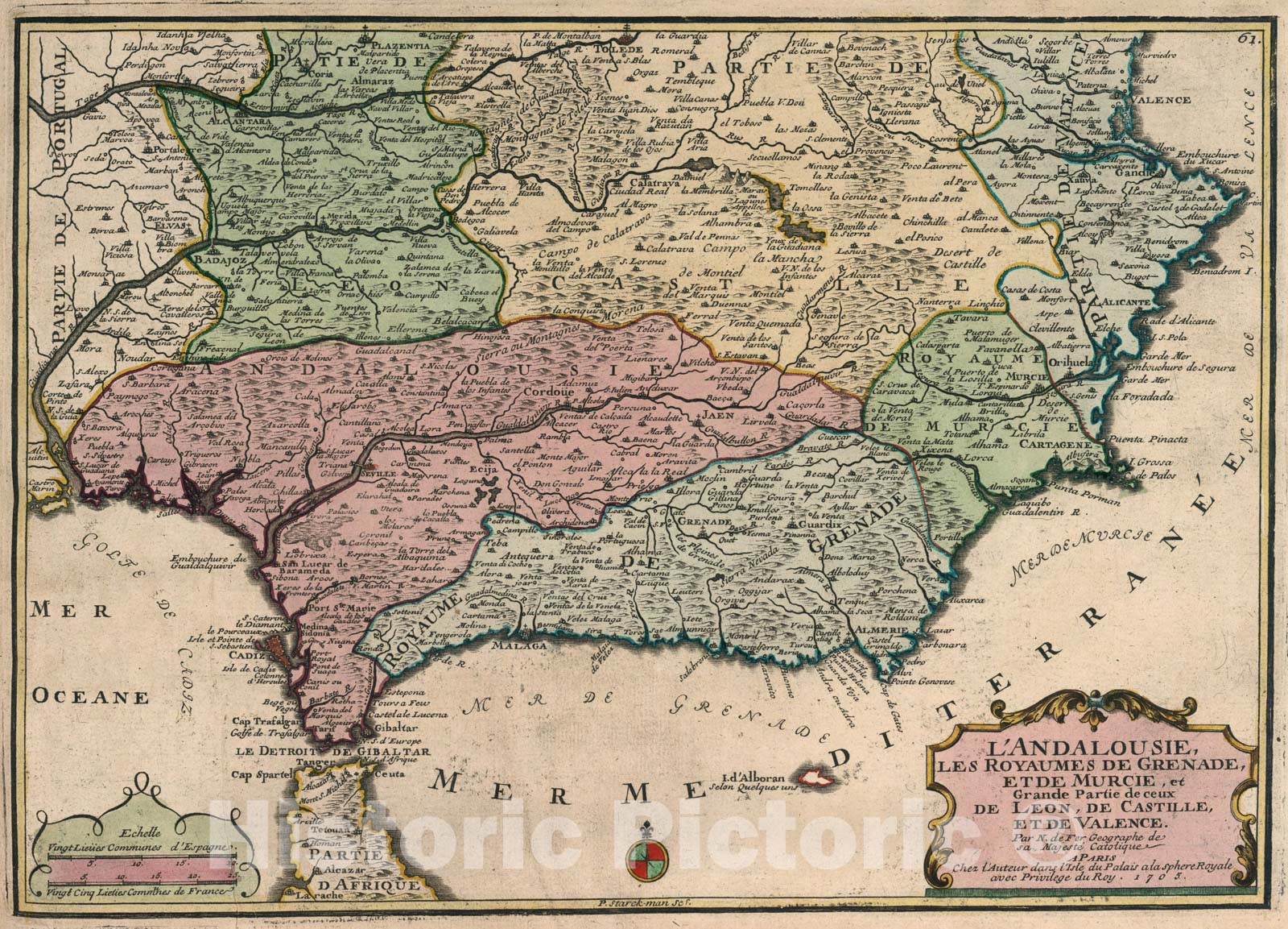 Historic Map : L'Andalousie, les Royaumes de Granade, et de Murcie, et Grande Partie de ceux de Leon, de Castillle, et de Valence., 1705, Vintage Wall Art