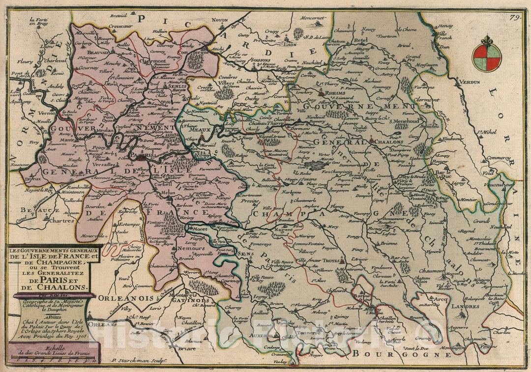 Historic Map : Les Gouvernements Generaux de l'Isle de France et de Champagne., 1705, Vintage Wall Art