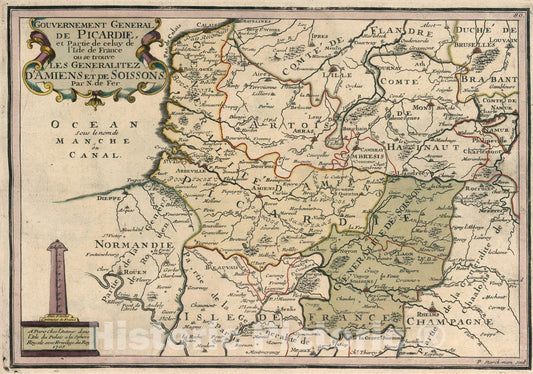 Historic Map : Les Gouvernement General de Picardie., 1705, Vintage Wall Art