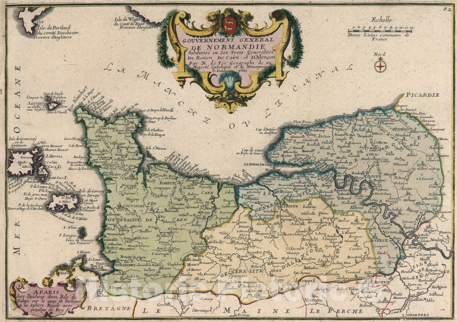Historic Map : Les Gouvernement General de Normandie., 1705, Vintage Wall Art