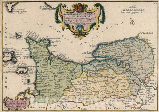 Historic Map : Les Gouvernement General de Normandie., 1705, Vintage Wall Art