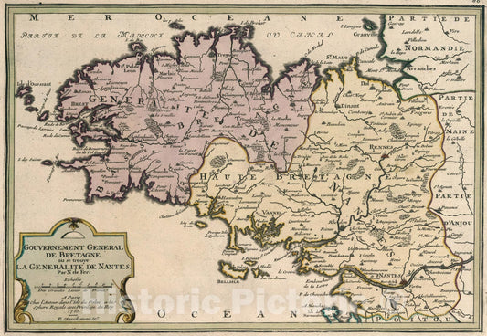 Historic Map : Les Gouvernement General de Bretagne ou se trouve la Generalite de Nantes., 1705, Vintage Wall Art