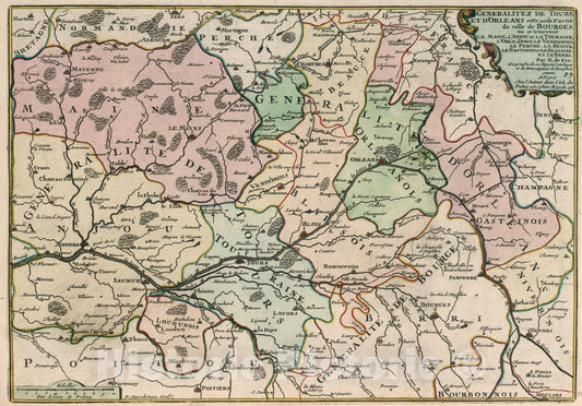 Historic Map : Generalitez de Tours et d'Orleans et Grande Partie de celle de Bourges., 1705, Vintage Wall Art