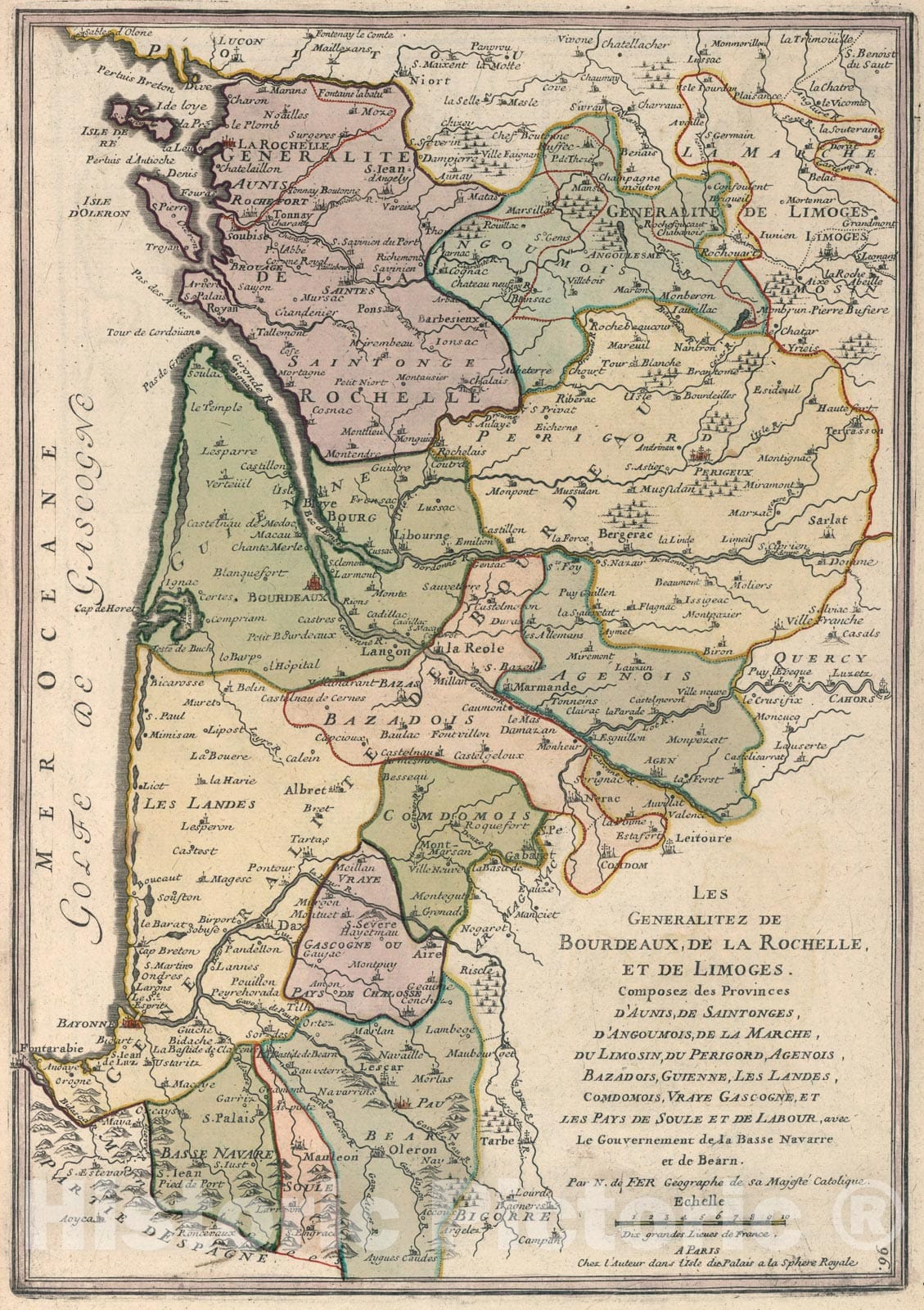 Historic Map : Les Generalitez de Bourdeaux, de la Rochelle, et de Limoges., 1705, Vintage Wall Art