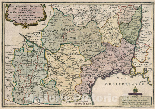 Historic Map : Gouvernement General de Languedoc et Partie de celuy de Guienne et Gascogne., 1705, Vintage Wall Art