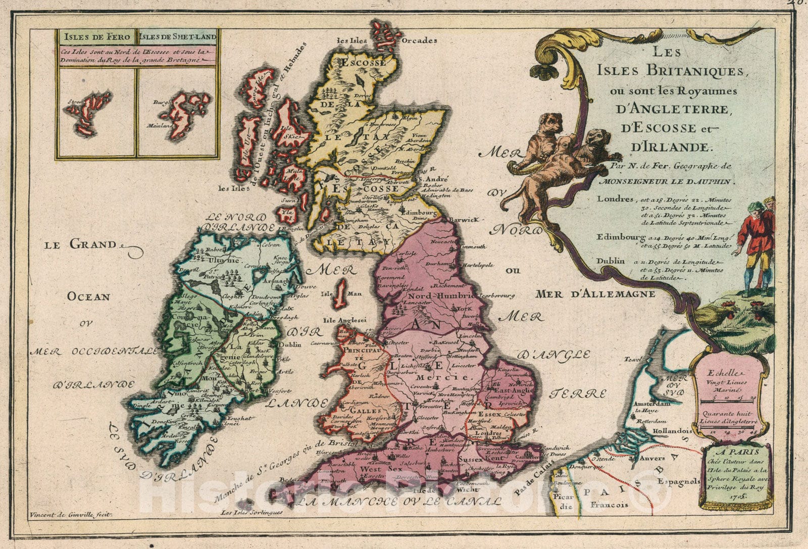 Historic Map : Les Isles Britaniques ou sont les Royaumes d'Angleterre, d'Escosse et d'Irlande., 1705, Vintage Wall Art