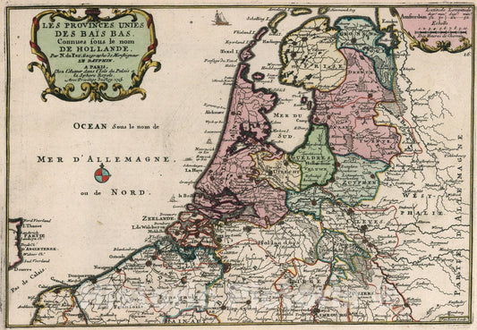 Historic Map : Les Provinces Unies des Baies Bas Connues sous le nom de Hollande., 1705, Vintage Wall Art