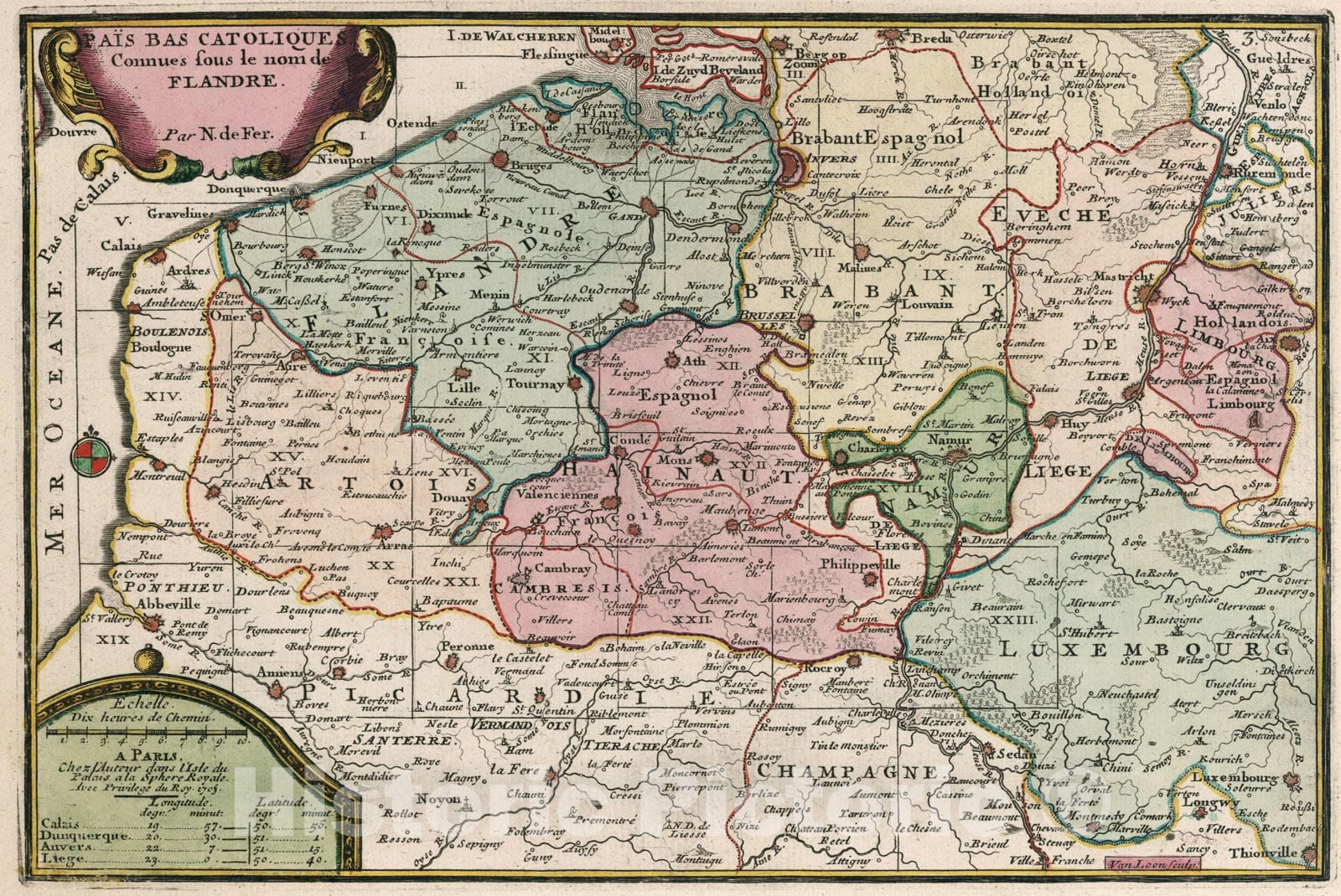 Historic Map : Paies Bas Catolique Connues sous le nom de Flandre., 1705, Vintage Wall Art