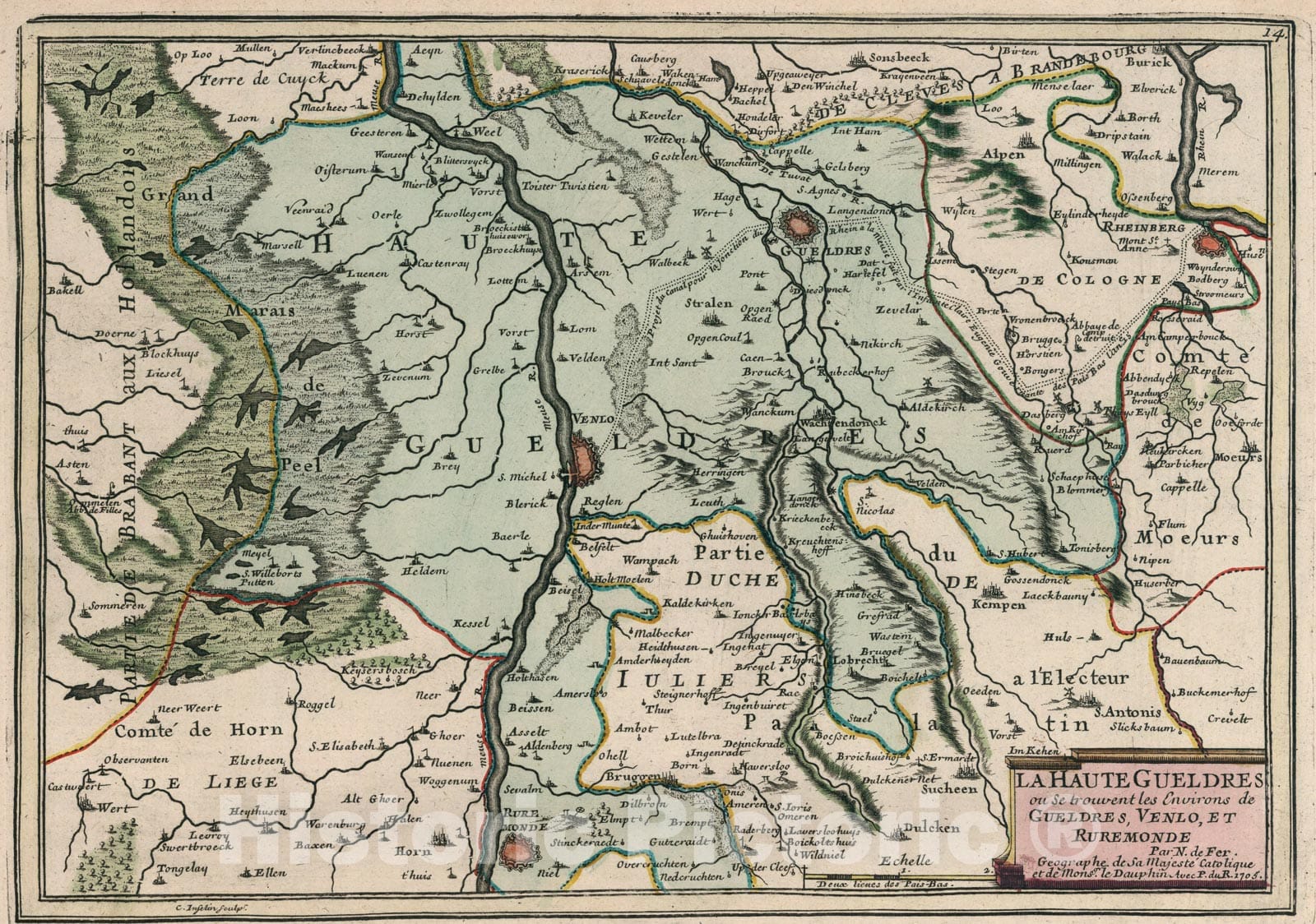 Historic Map : La Haute Gueldres., 1705, Vintage Wall Art
