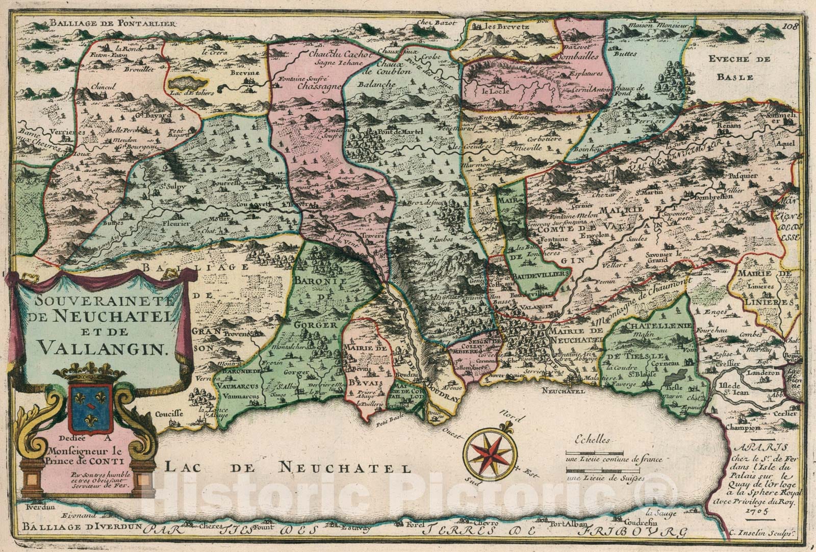 Historic Map : Souverainete de Neuchatel et de Vallangin., 1705, Vintage Wall Art