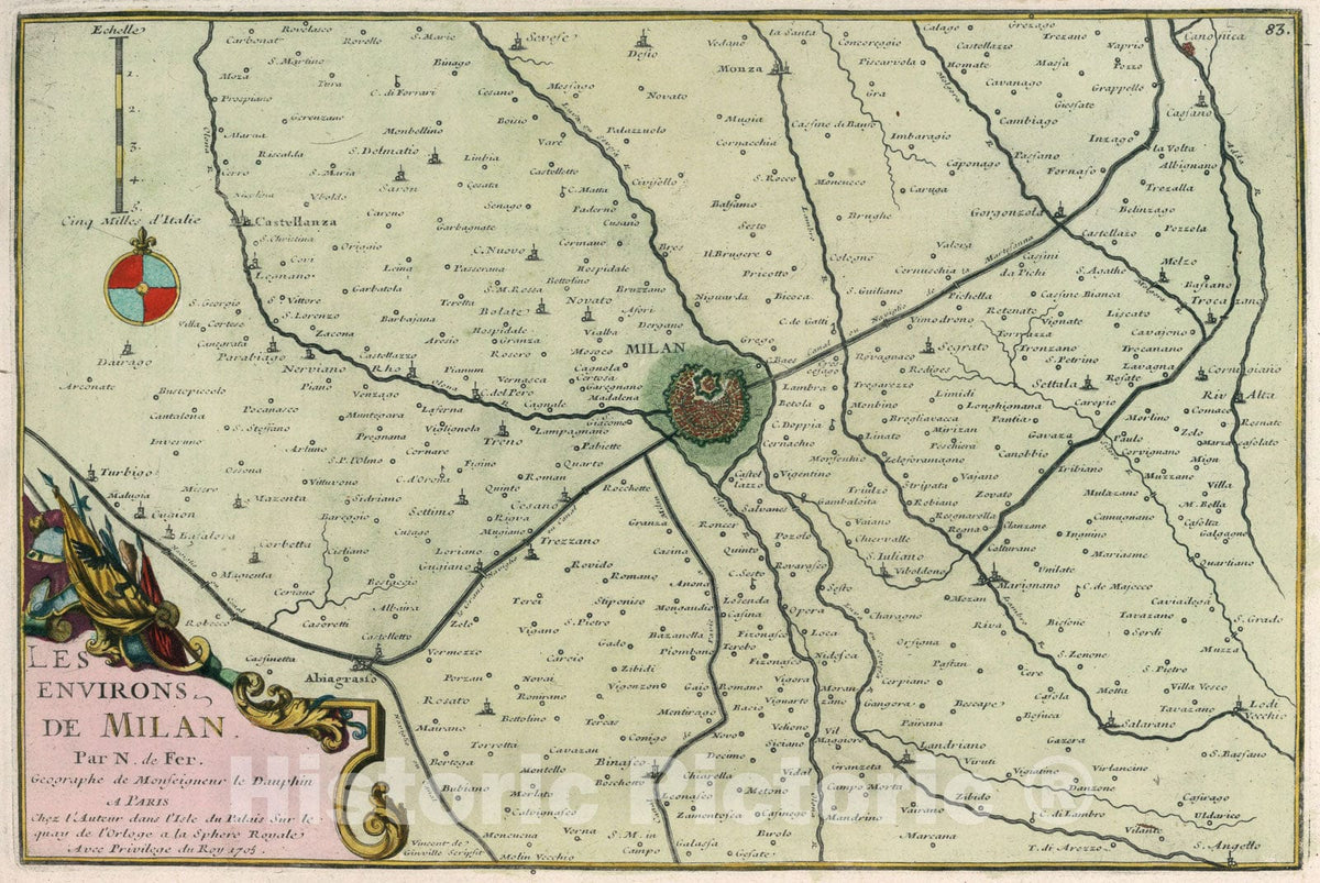 Historic Map : Les Environs de Milan., 1705, Vintage Wall Art