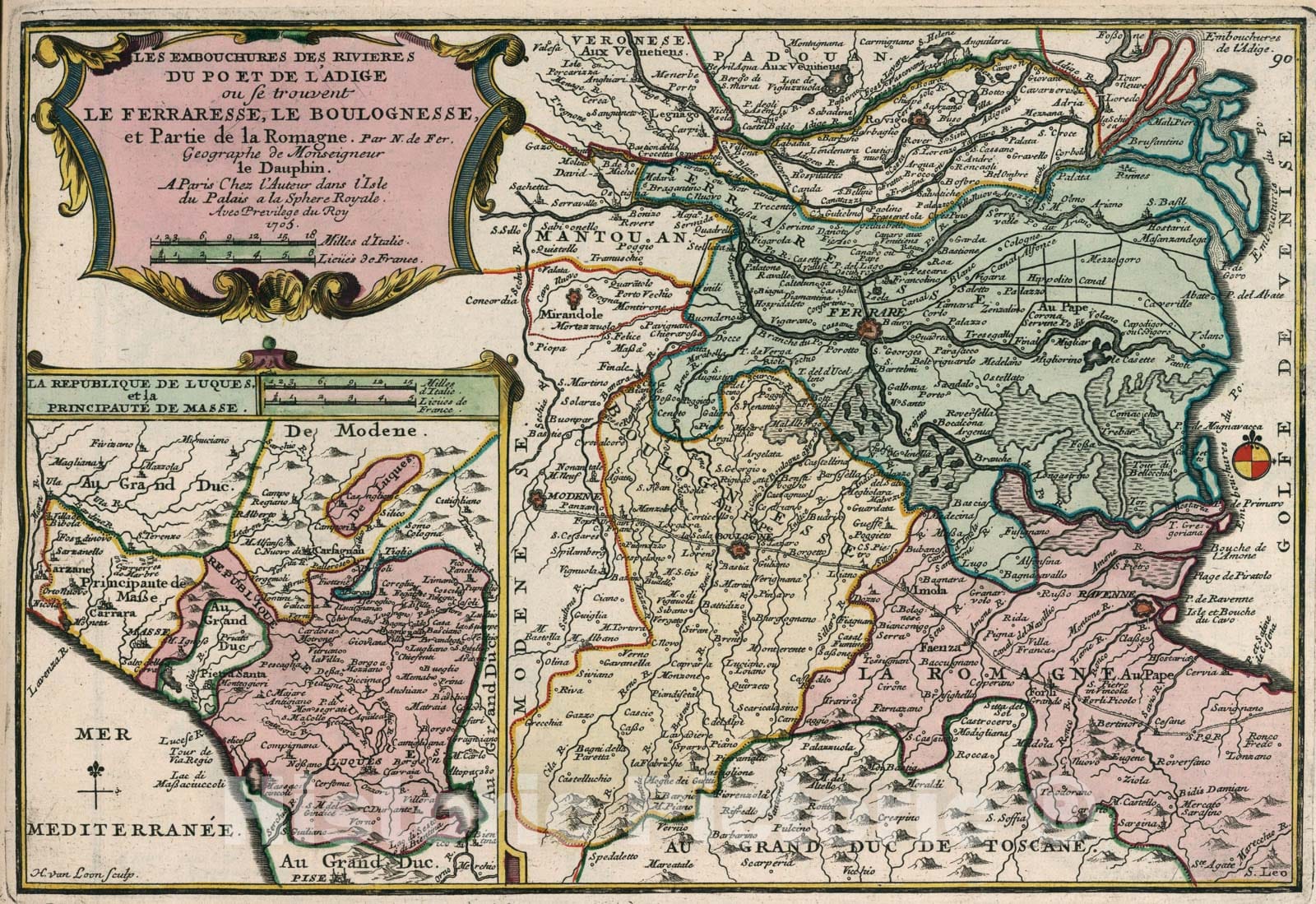 Historic Map : Les Embouchures des Rivieres du Po et de l'Adige., 1705, Vintage Wall Art