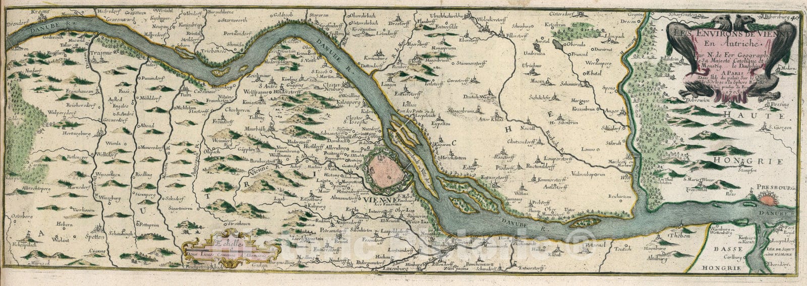 Historic Map : Environs de Vienne en Autriche., 1705, Vintage Wall Art