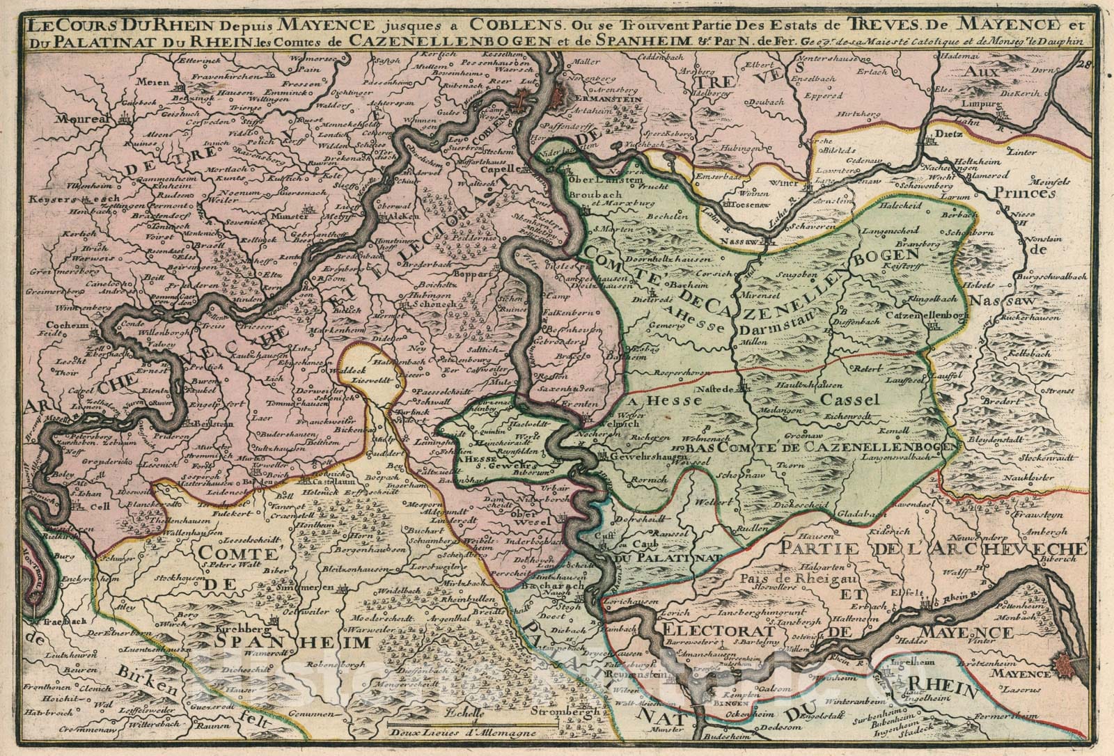 Historic Map : Le Cours du Rhein depuis Mayence jusques a Coblens., 1705, Vintage Wall Art