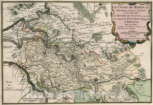 Historic Map : Le Cours du Rhein depuis Rheinberg jusque a Arnhem., 1705, Vintage Wall Art