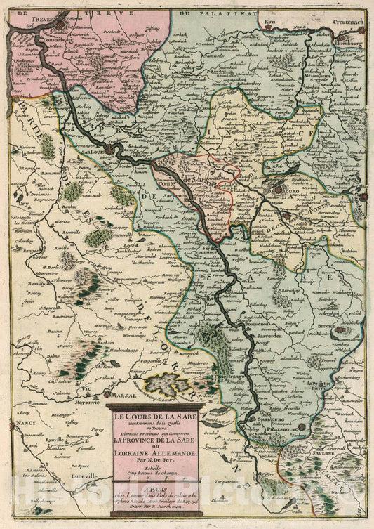 Historic Map : Le Cours de la Sare ... ou Lorraine Allemagne., 1705, Vintage Wall Art