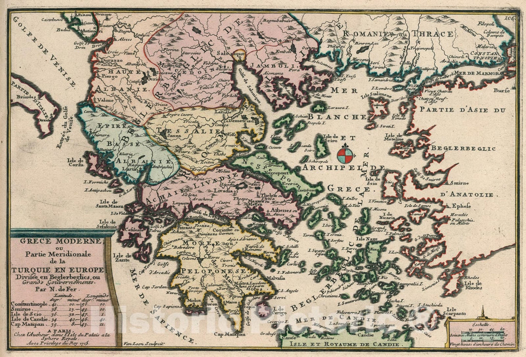 Historic Map : Grece Moderne ou Partie Meridionale de la Turquie en Europe. Divisee en Beglerbeglics our Grands Gouvernements, 1705, Nicolas de Fer, Vintage Wall Art