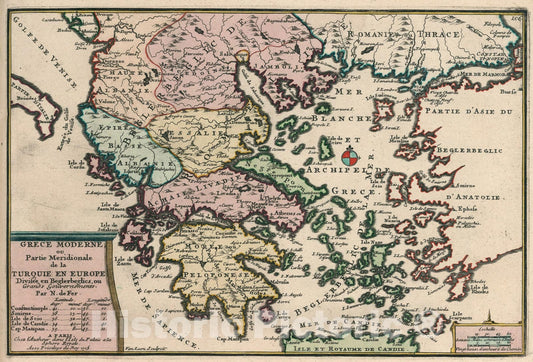 Historic Map : Grece Moderne ou Partie Meridionale de la Turquie en Europe. Divisee en Beglerbeglics our Grands Gouvernements, 1705, Nicolas de Fer, Vintage Wall Art