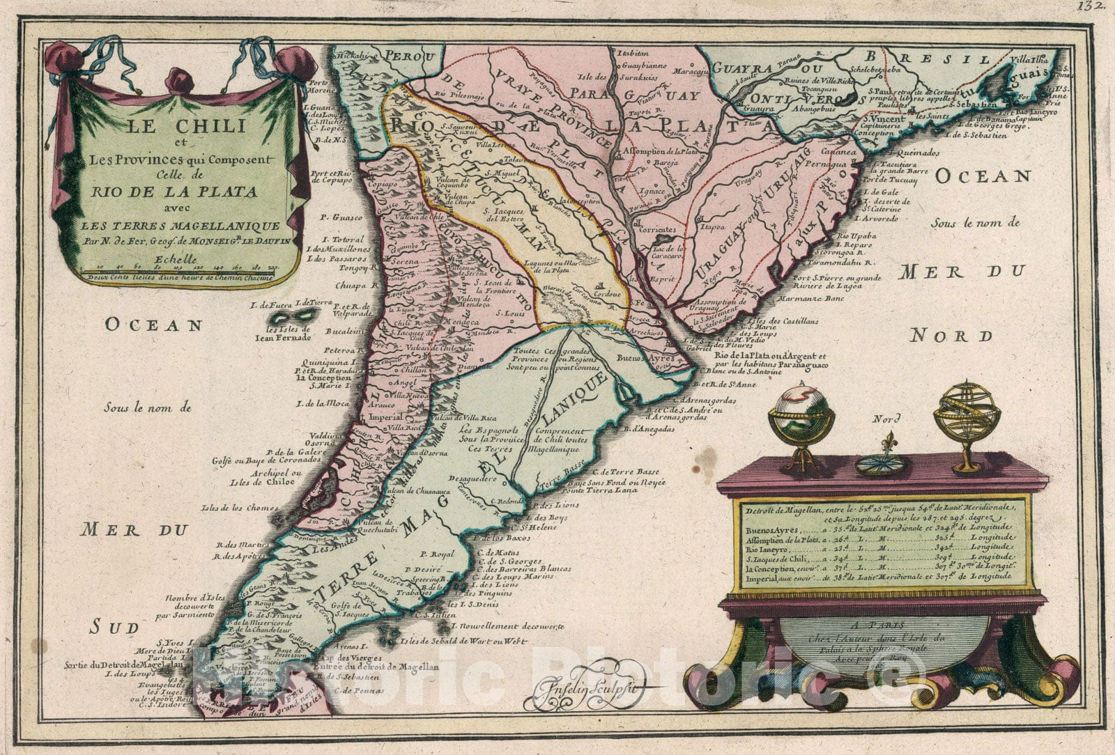 Historic Map : Le Chili et ... Rio de la Plata., 1705, Vintage Wall Art