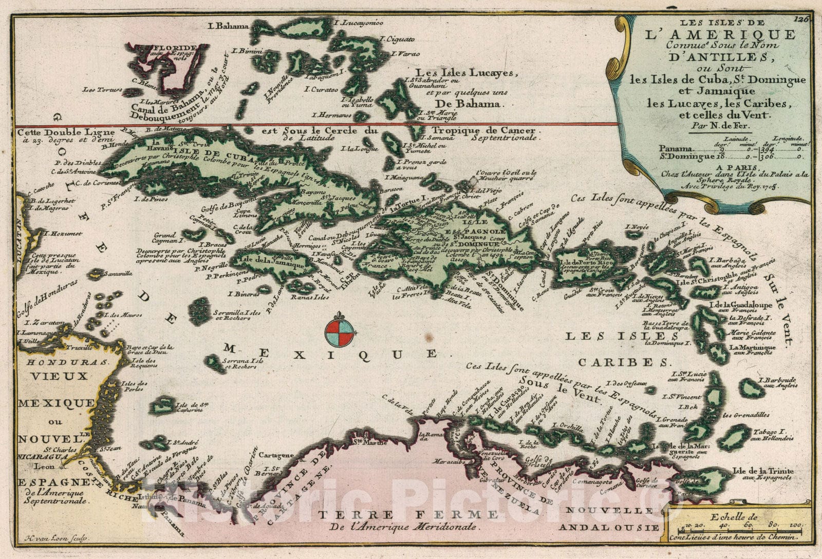 Historic Map : Les Isles de l'Amerique connue sous le nom d'Antilles., 1705, Vintage Wall Art