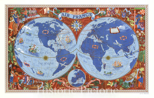 Air France - World Airline Routes, 1950 - Historical Map Print