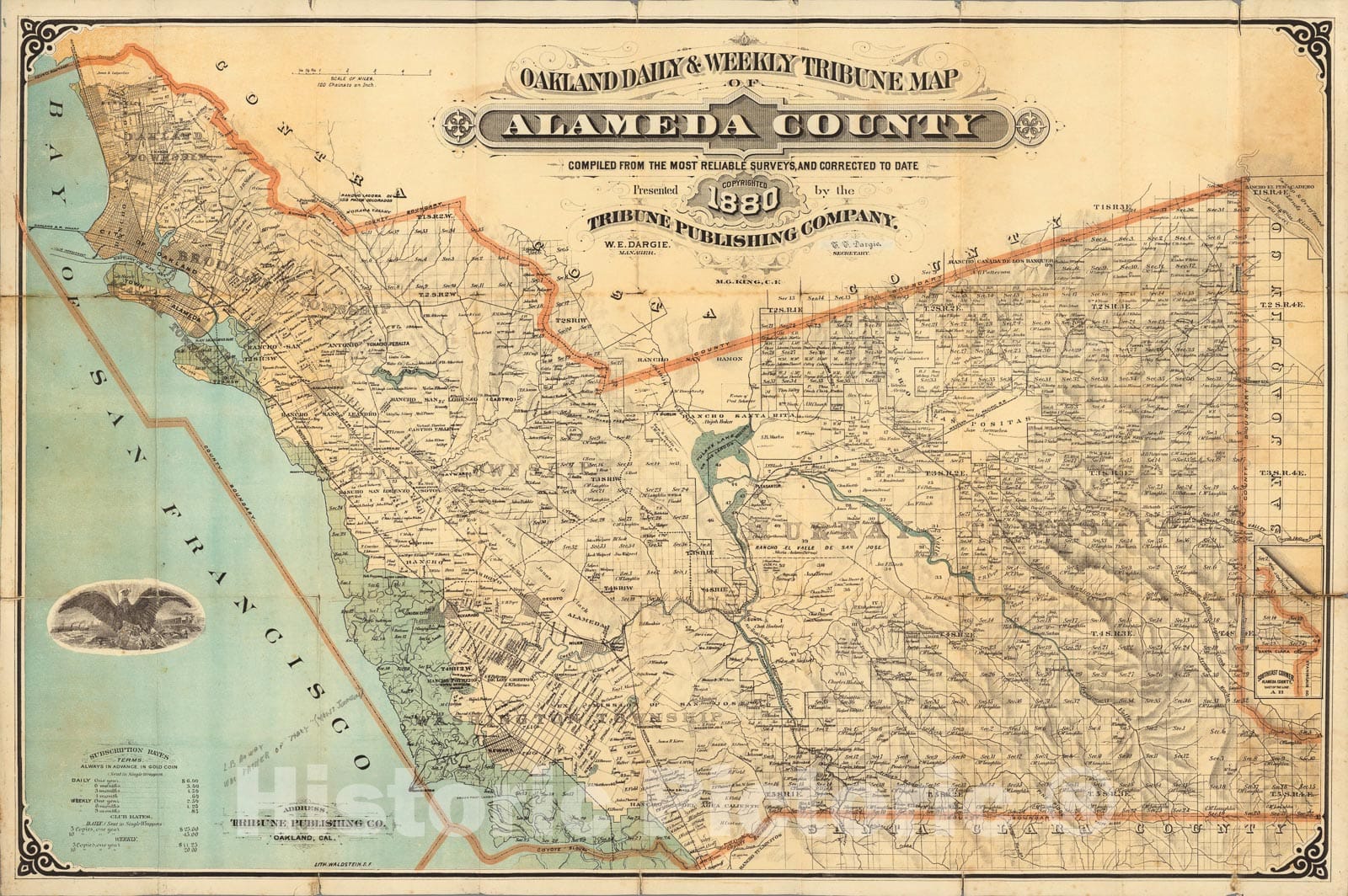 Historic Map : Oakland Daily & Weekly Tribune map of Alameda County, 1880, Vintage Wall Art