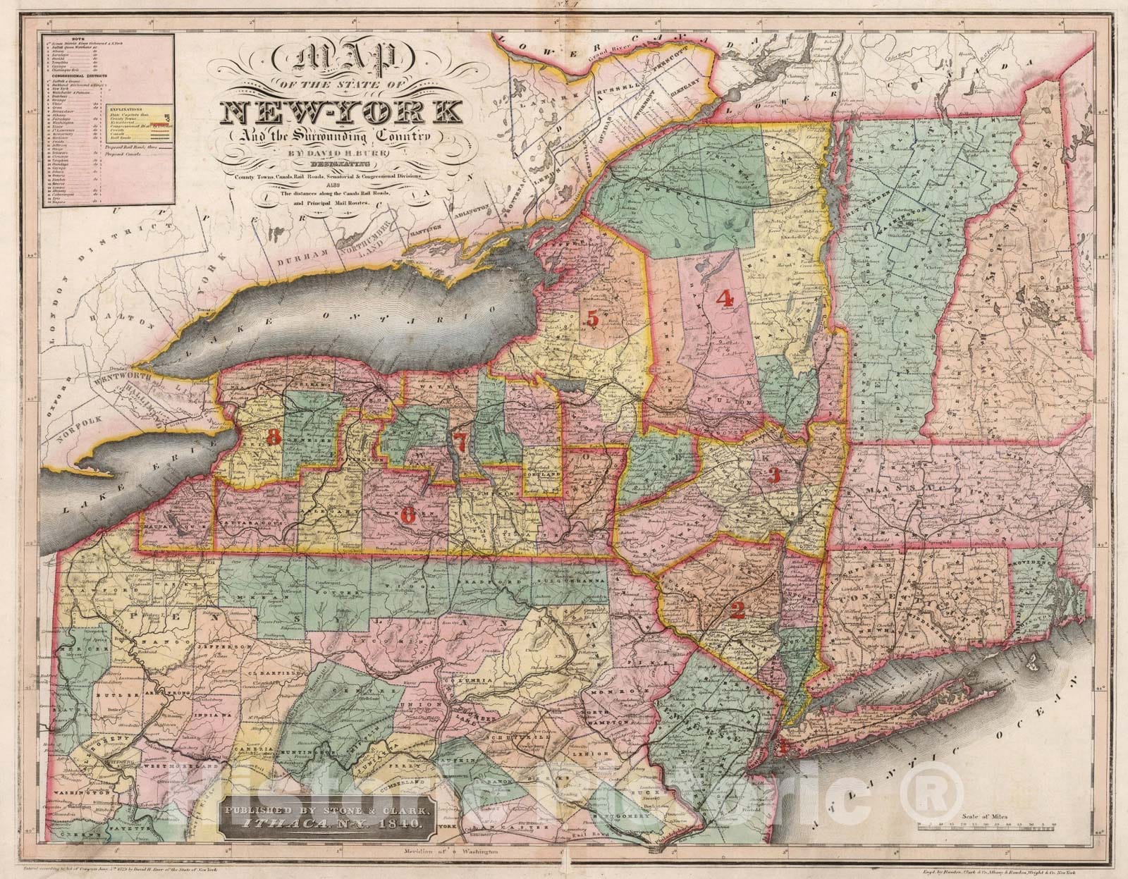 New York and Surrounding Country - Physical Map, 1840 - Historical Map Print