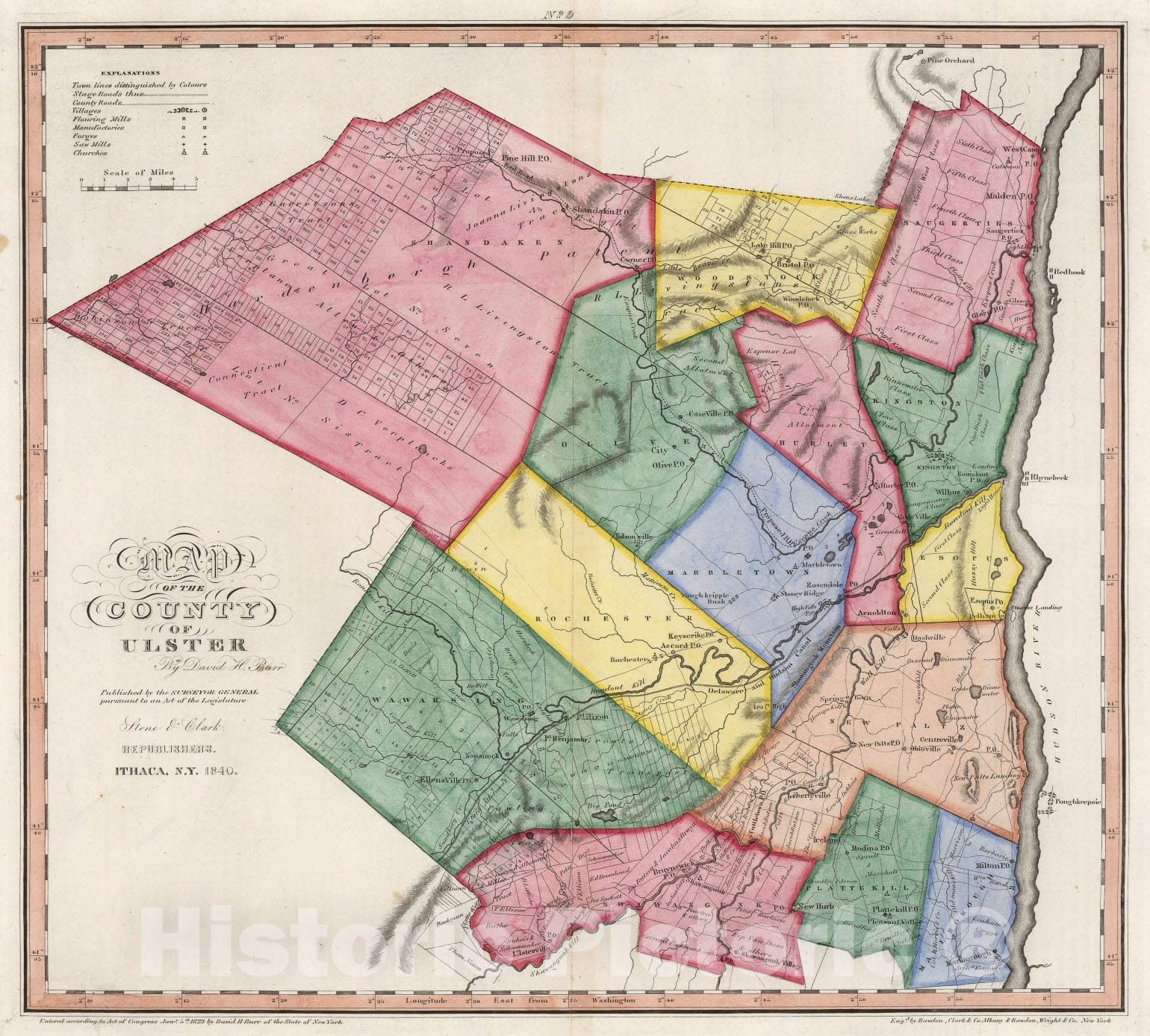 Historic Map : Map of the County of Ulster (New York)., 1840, Vintage Wall Art