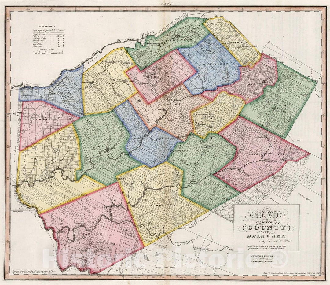 Historic Map : Map of the County of Delaware (New York)., 1840, Vintage Wall Art