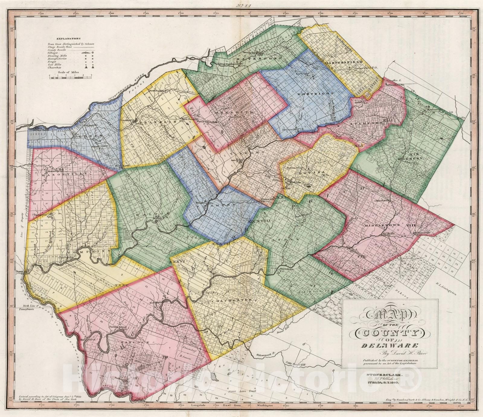 Historic Map : Map of the County of Delaware (New York)., 1840, Vintage Wall Art