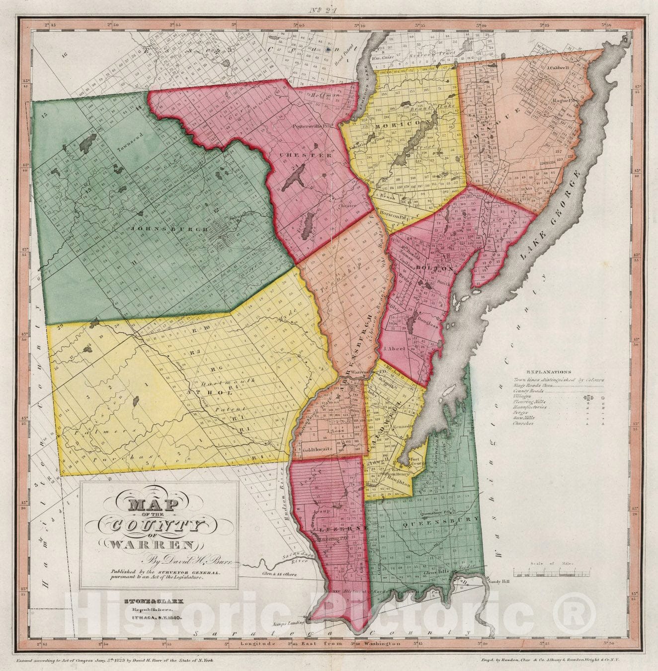 Historic Map : Map of the County Warren (New York)., 1840, Vintage Wall Art