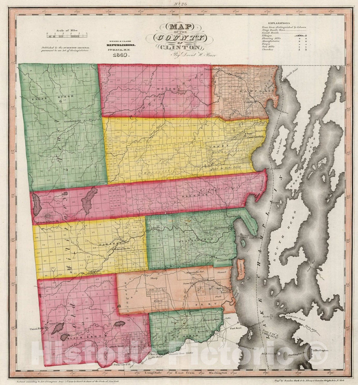 Historic Map : Map of the County of Clinton (New York)., 1840, Vintage Wall Art
