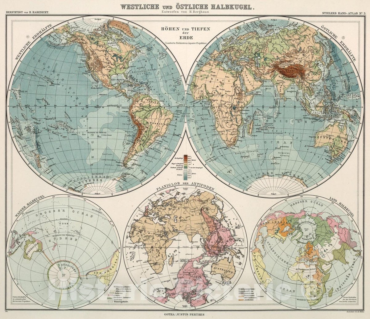 Historic Map : Nr. 3. Westliche und Oestliche Halbkugel ... von Habenicht., 1911, Vintage Wall Art