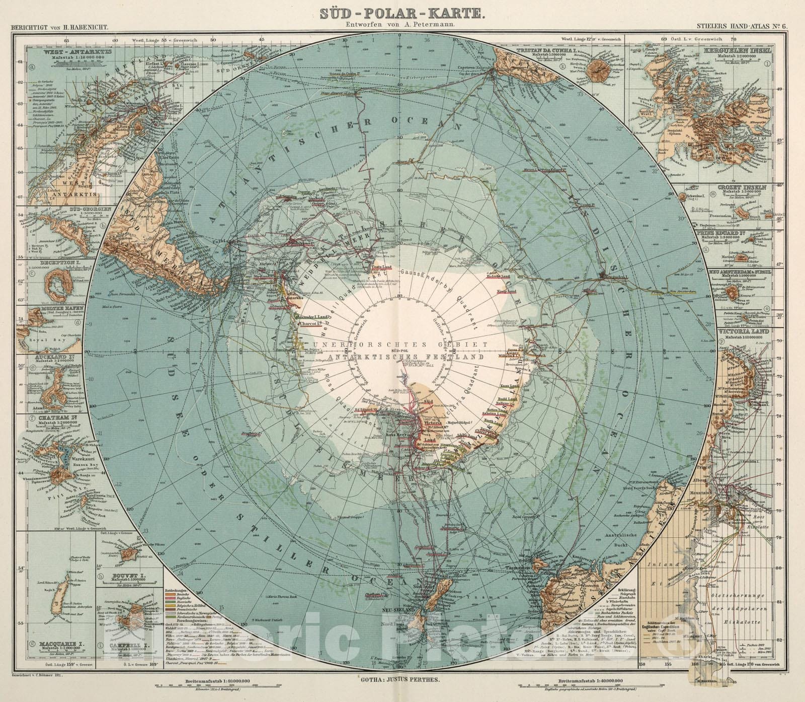 Historic Map : Nr. 6. Sued-Polar-Karte ... von A. Petermann., 1911, Vintage Wall Art