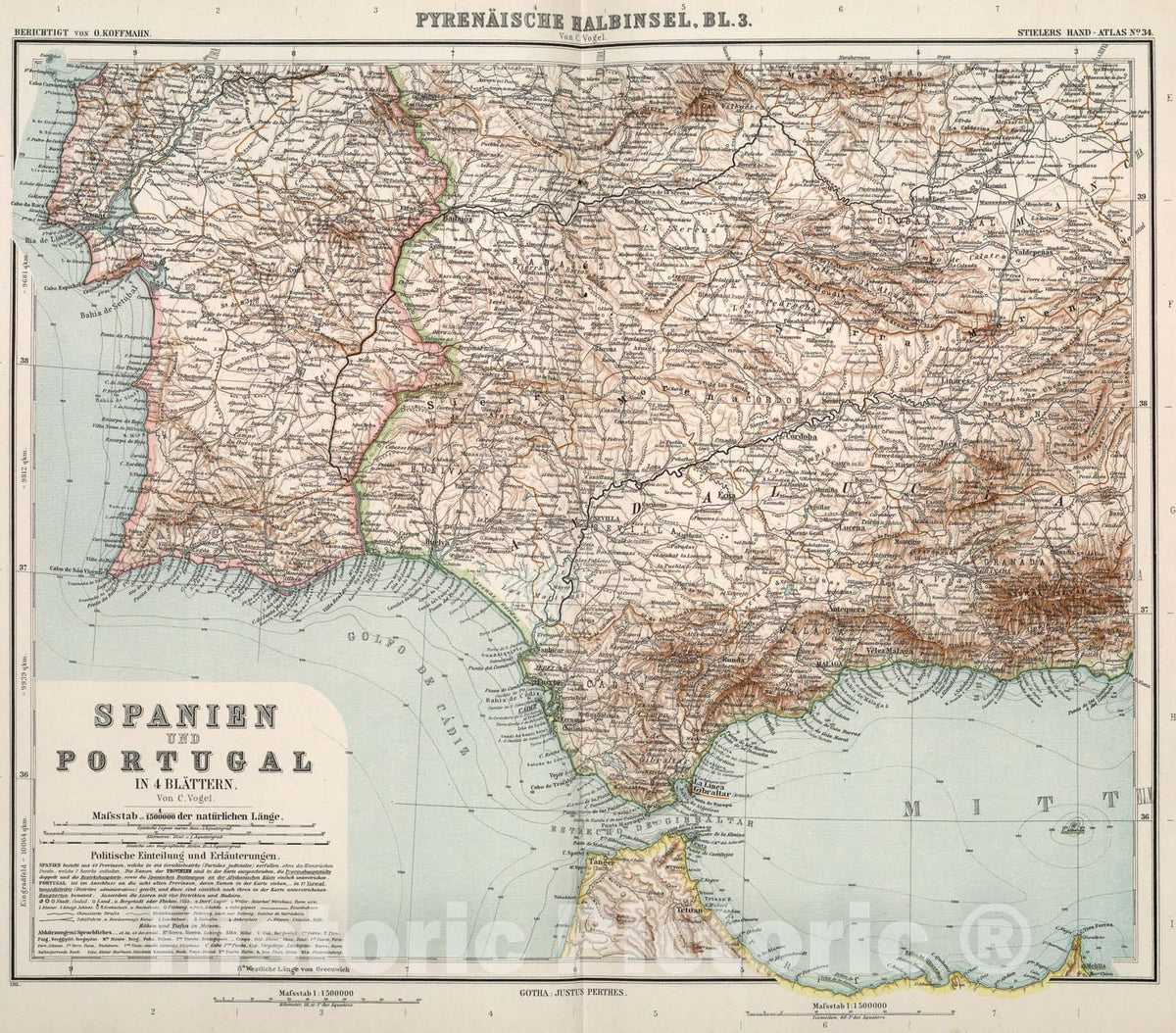 Historic Map : Nr. 34. Pyrenaeische Halbinsel, Bl. 3. ... von C. Vogel., 1911, Vintage Wall Art