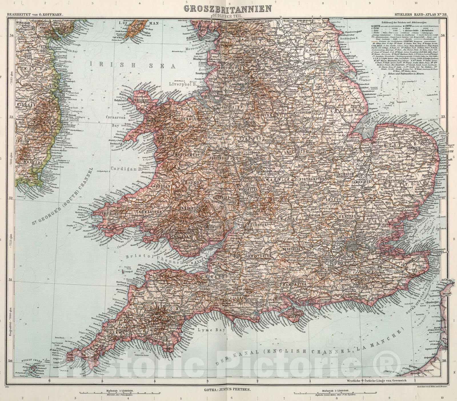 Historic Map : Nr. 38. Groszbritannien, Suedl. Bl. ... von O. Koffmahn., 1911, Vintage Wall Art