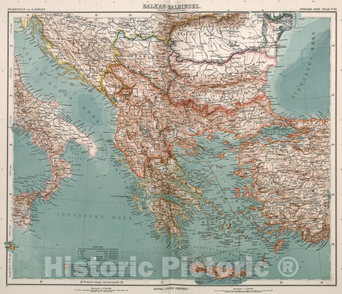 Historic Map : Nr. 50. Balkan-Halbinsel. ... B. Domann., 1911, Vintage Wall Art