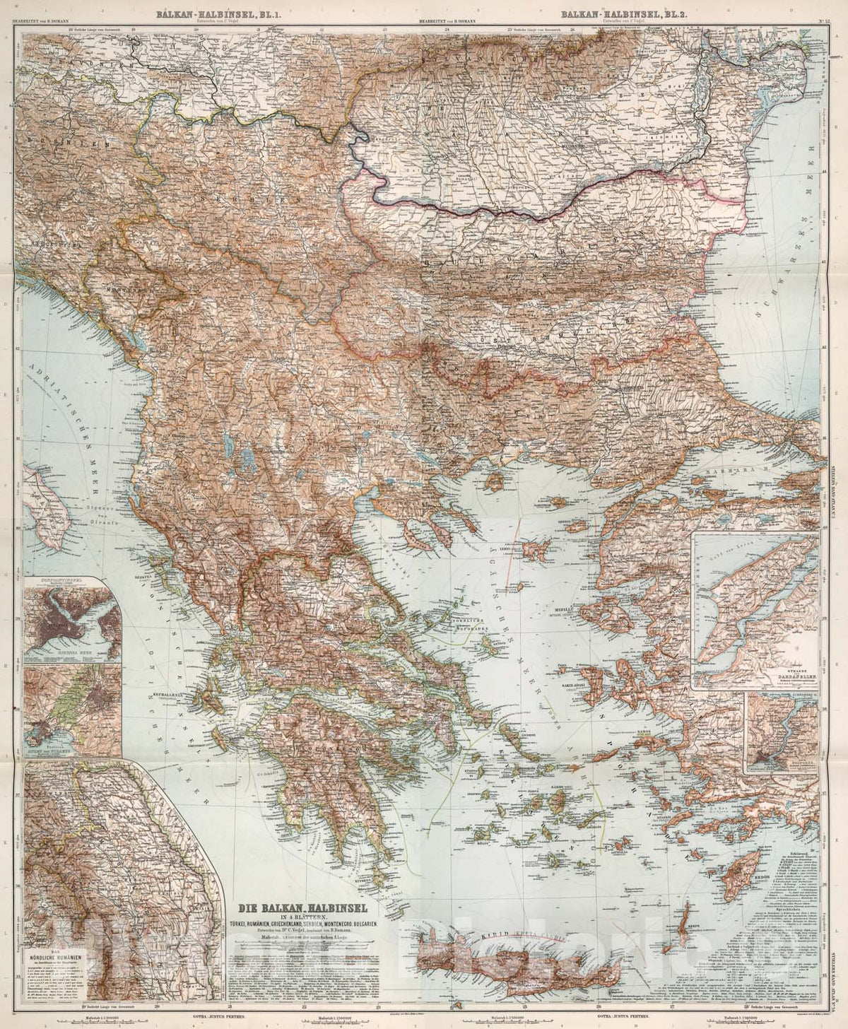 Historic Map : Composite Map: Nr. 51-5four. Balkan-Halbinsel in four Blaettern. ... von B. Domann., 1911, Vintage Wall Art