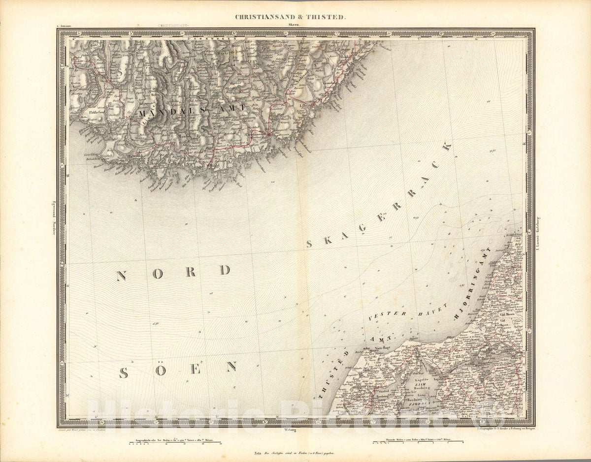 Historic Map : Christiansand & Thisted, 1838, Vintage Wall Art