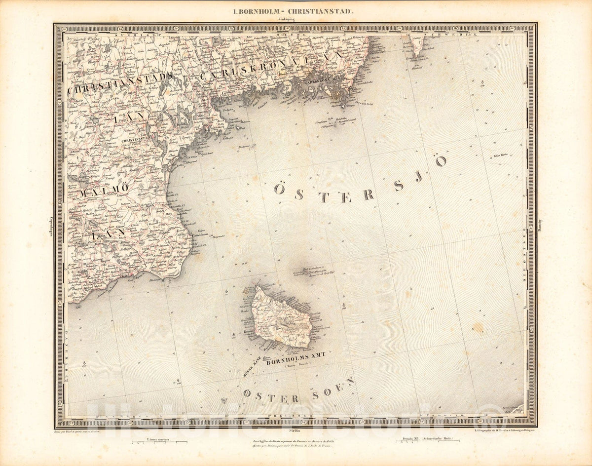 Historic Map : I. Bornholm - Christianstad, 1838, Vintage Wall Art