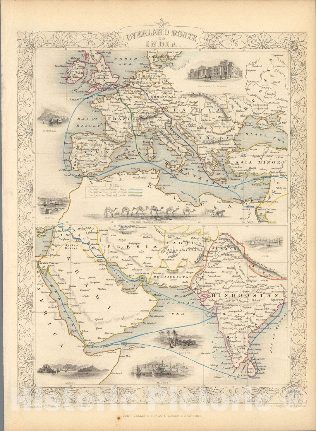 Historic Map : Overland Route To India., 1851, Vintage Wall Art