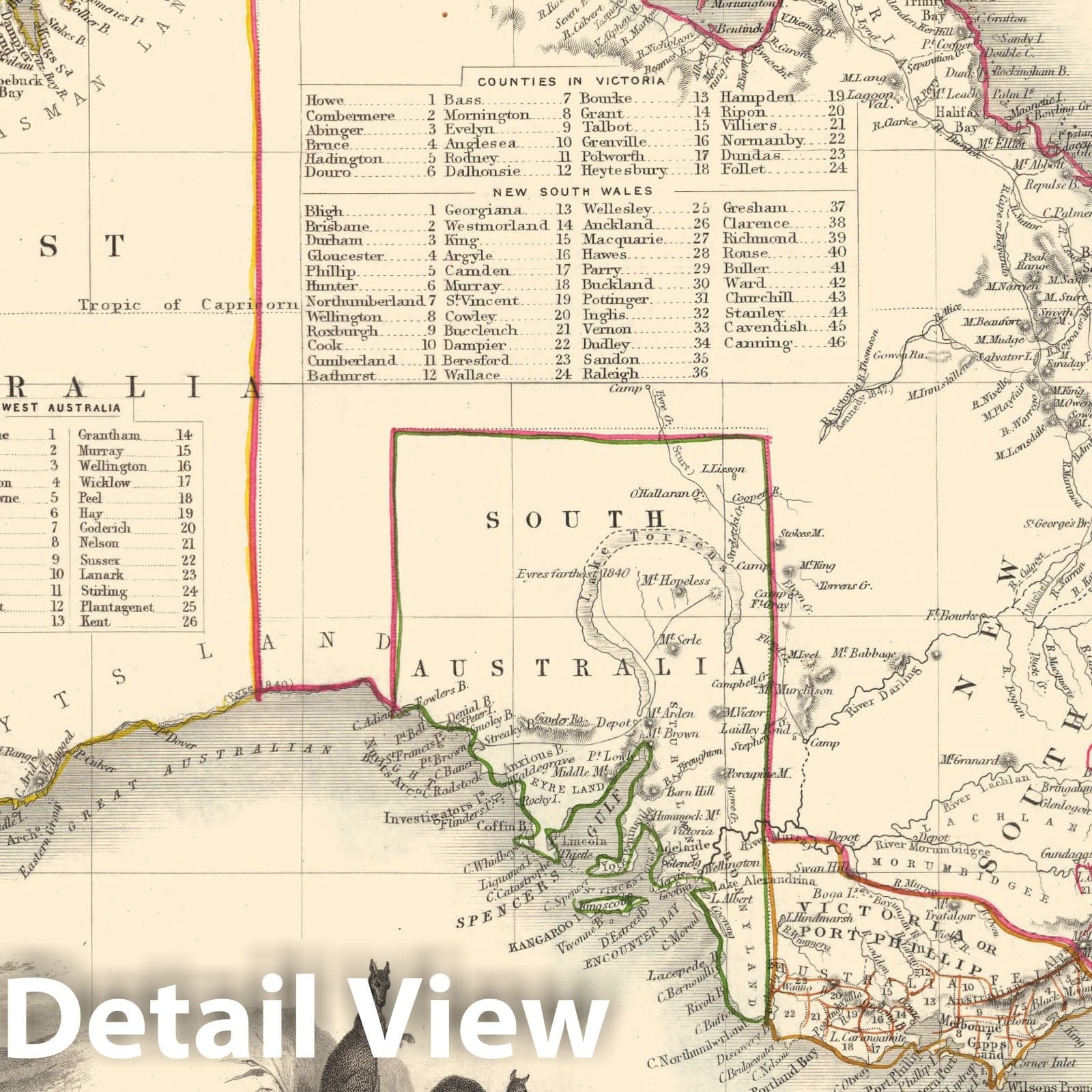 Australia, 1851 - Hand-Colored Historical Map Print