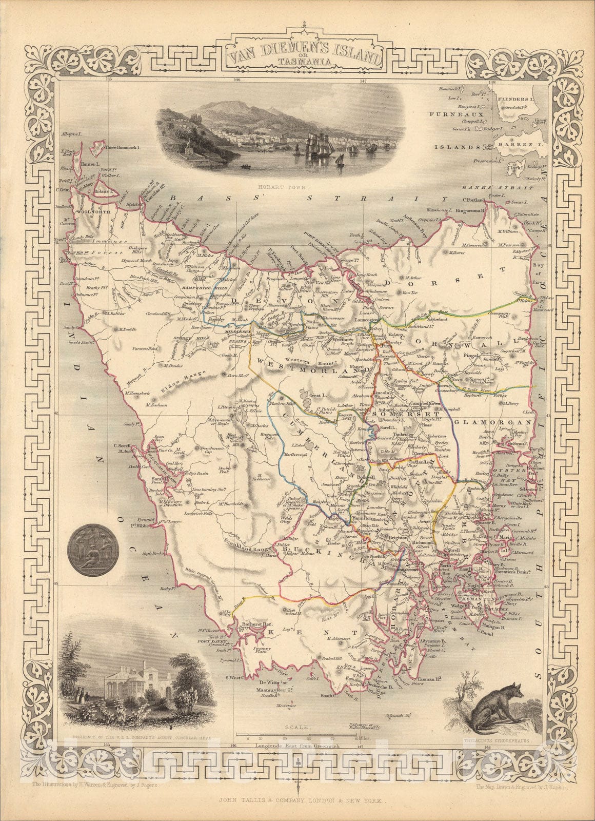 Historic Map : Van Diemens Island or Tasmania., 1851, Vintage Wall Art
