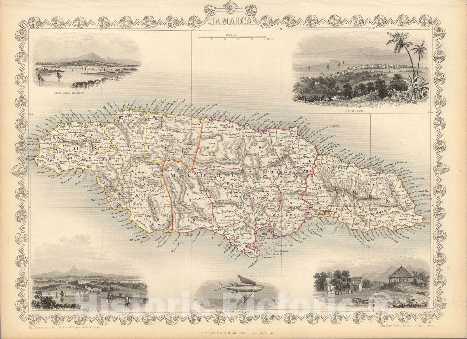Historic Map : Jamaica., 1851, Vintage Wall Art