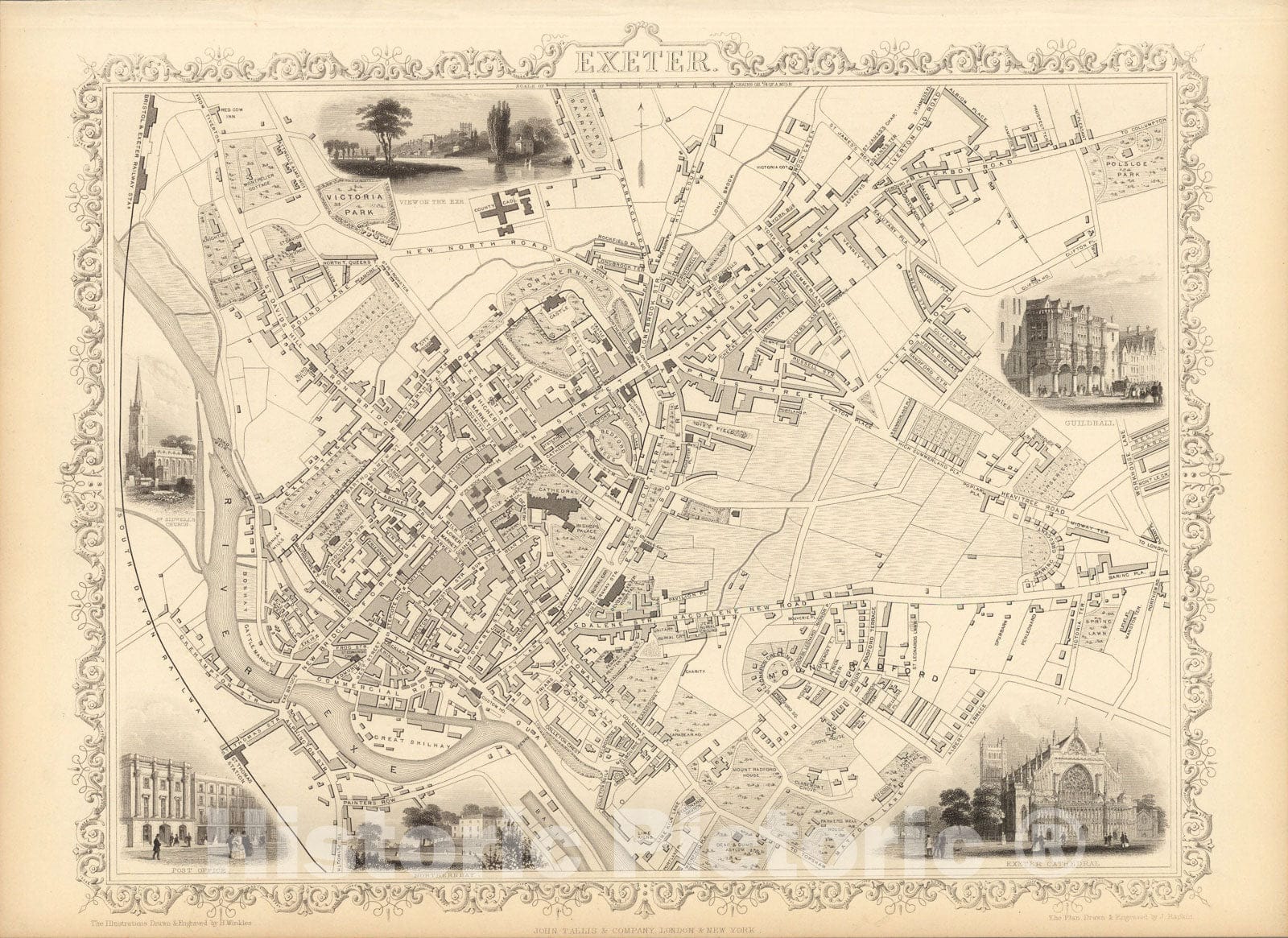 Historic Map : Exeter, 1851, Vintage Wall Art