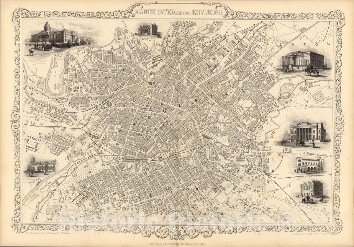 Historic Map : Manchester and Its Environs, 1851, Vintage Wall Art