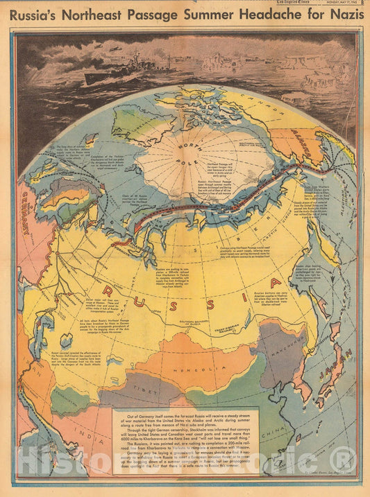 Historic Map : Russia's Northeast passage Summer headache for Nazis, 1943, Vintage Wall Art